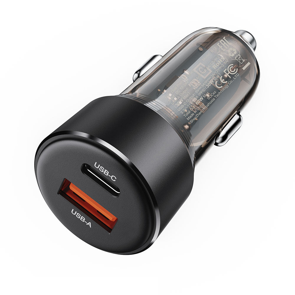 Acefast B12 Car Charger, 60W, 3A, 1 x USB-A - 1 x USB-C, Black