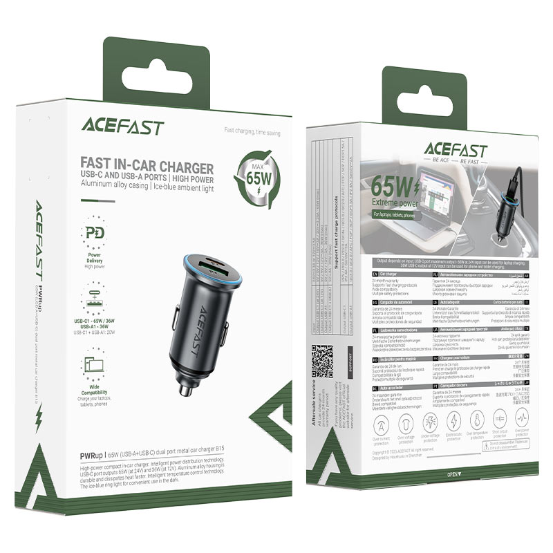 Φορτιστής Αυτοκινήτου Acefast B15, 65W, 3.25A, 1 X USB-A - 1 x USB-C, Γκρι