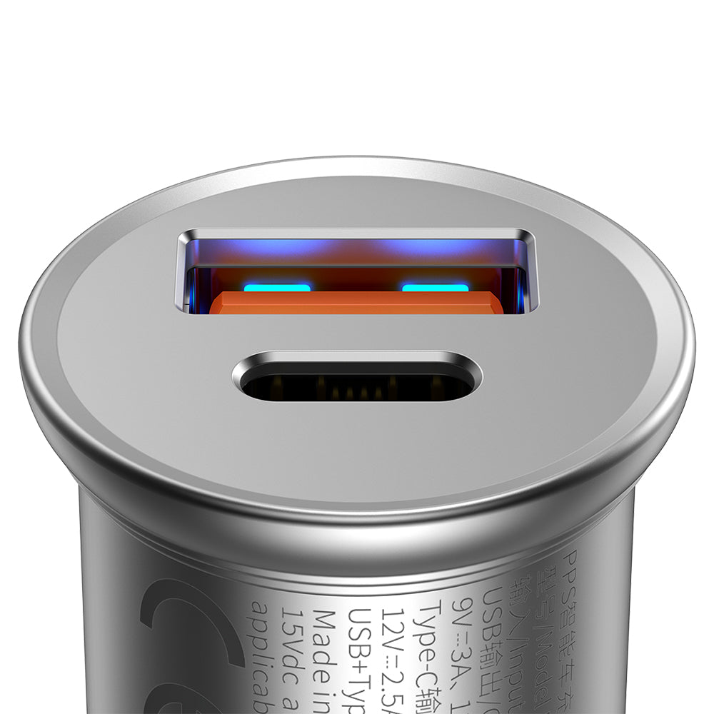 Φορτιστής Αυτοκινήτου Baseus Circular Metal, 30W, 5A, 1 x USB-A - 1 x USB-C, Γκρι