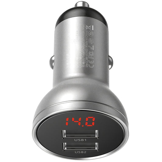 Φορτιστής αυτοκινήτου με ψηφιακή οθόνη Baseus, 24W, 2.4A, 2 x USB-A, ασημί CCBX-0S