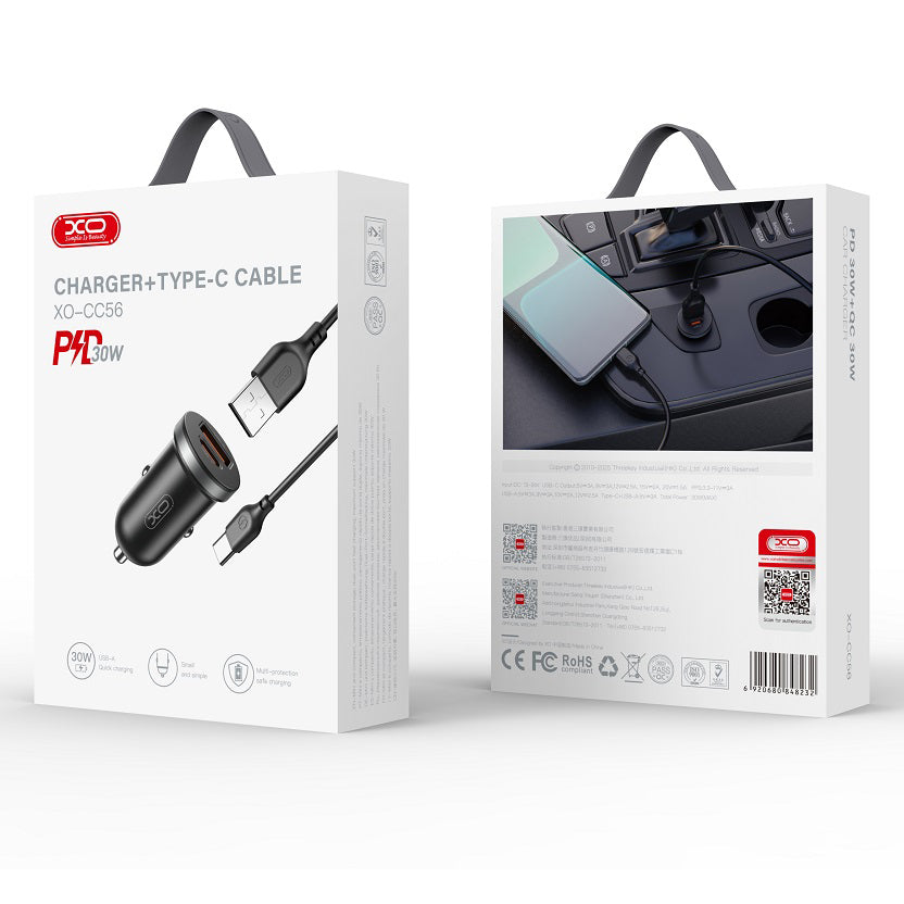 Φορτιστής Αυτοκινήτου με Καλώδιο USB-C XO Design CC56, 30W, 3A, 1 x USB-A - 1 x USB-C, Μαύρο