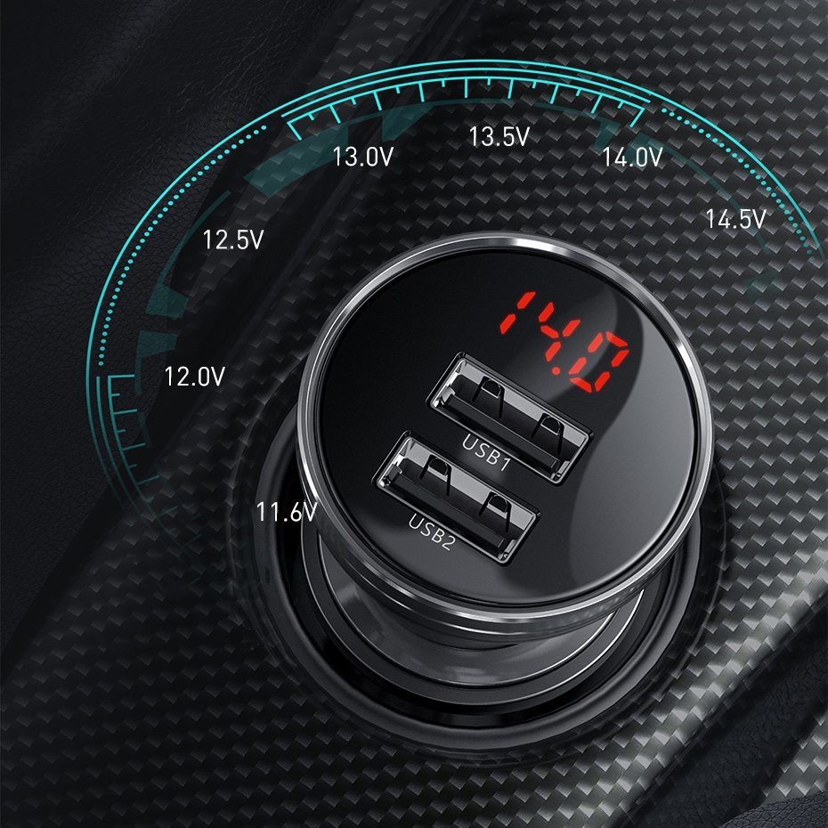 Φορτιστής αυτοκινήτου με καλώδιο Lightning - microUSB - USB-C Baseus Ψηφιακή οθόνη, 24W, 2,4A, 2 x USB-A, γκρι TZCCBX-0G