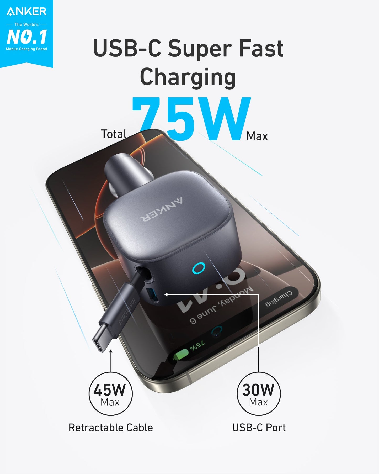 Φορτιστής Αυτοκινήτου με Καλώδιο USB-C Anker Nano, 75W, 3A, 1 x USB-C, Γκρι A2738HA2