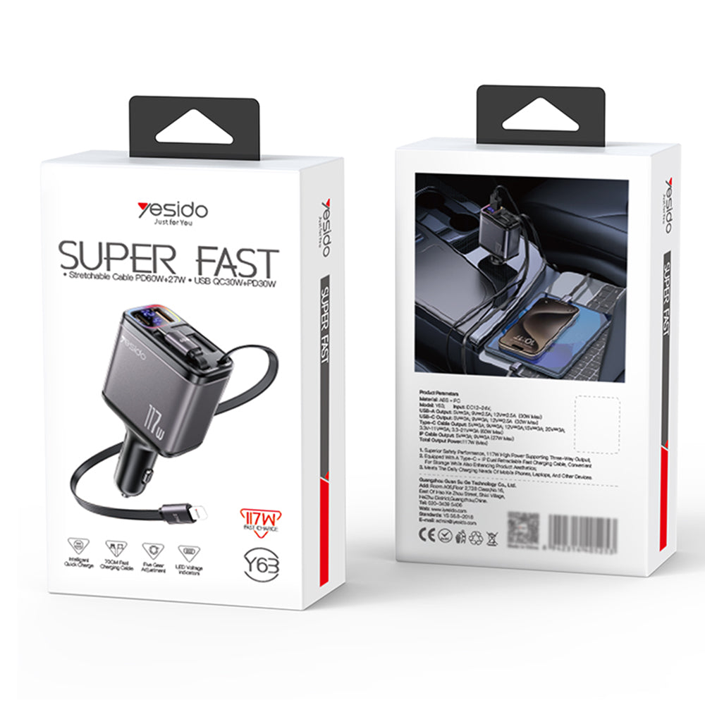 Φορτιστής Αυτοκινήτου με Καλώδιο USB-C / Lightning Yesido Y63 Display, 117W, 3A, 1 x USB-A - 1 x USB-C, Γκρι
