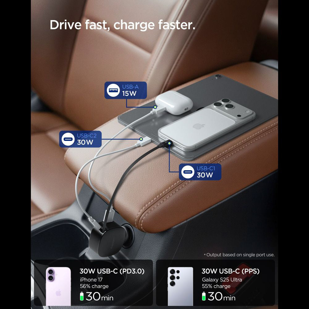 Car Charger with USB-C Cable Spigen EV603BT Essential, 60W, 3A, 1 x USB-A - 1 x USB-C, Black