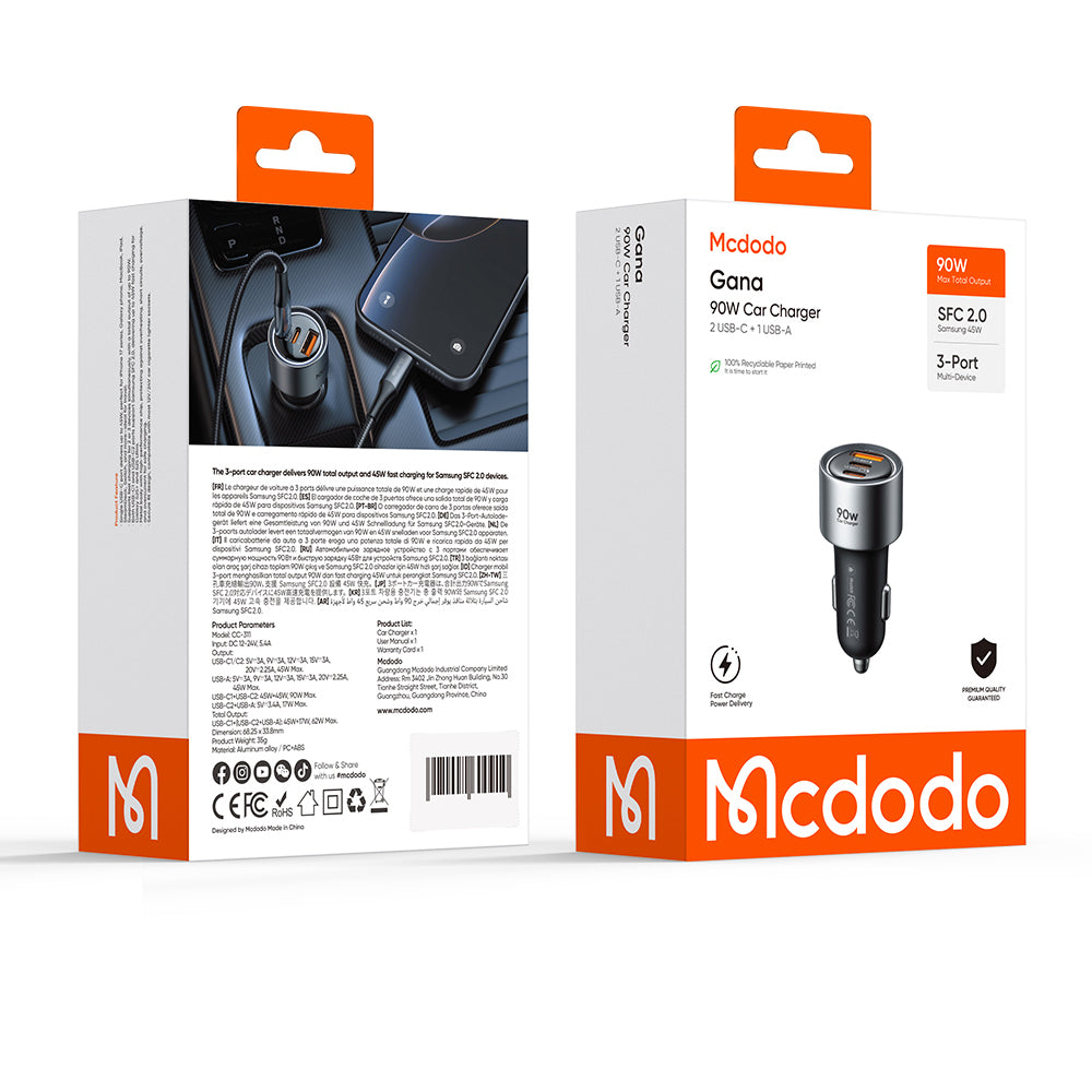 Φορτιστής Αυτοκινήτου McDodo CC-3110 Gana, 90W, 3A, 1 x USB-A - 2 x USB-C, Μαύρο