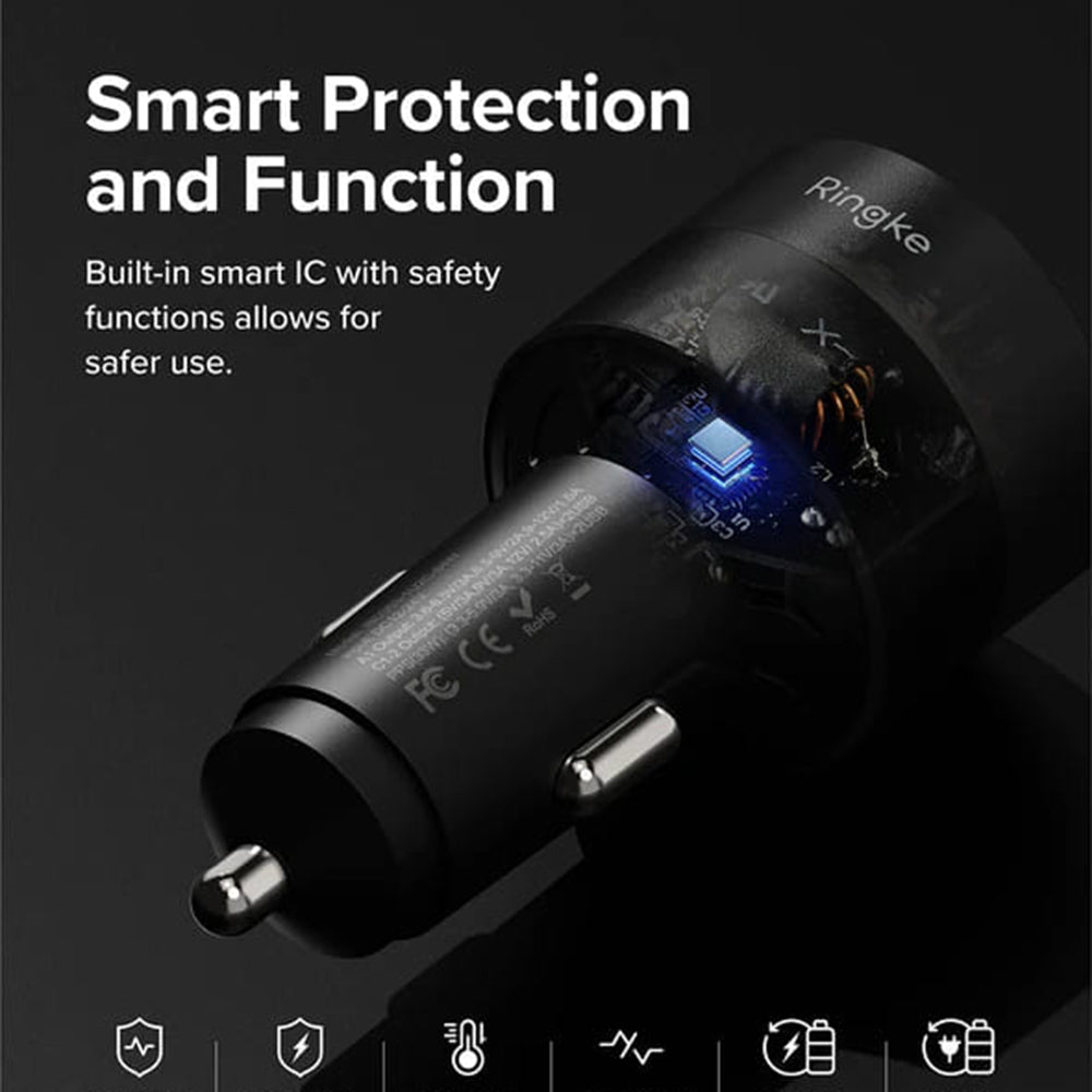Φορτιστής Αυτοκινήτου Ringke, 30W, 3A, 1 x USB-A - 2 x USB-C, Μαύρο