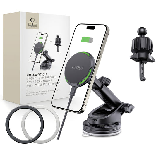 Ασύρματος φορτιστής αυτοκινήτου Tech-Protect MM15W-V7 QI2, 15W, 1.67A, Μαύρο