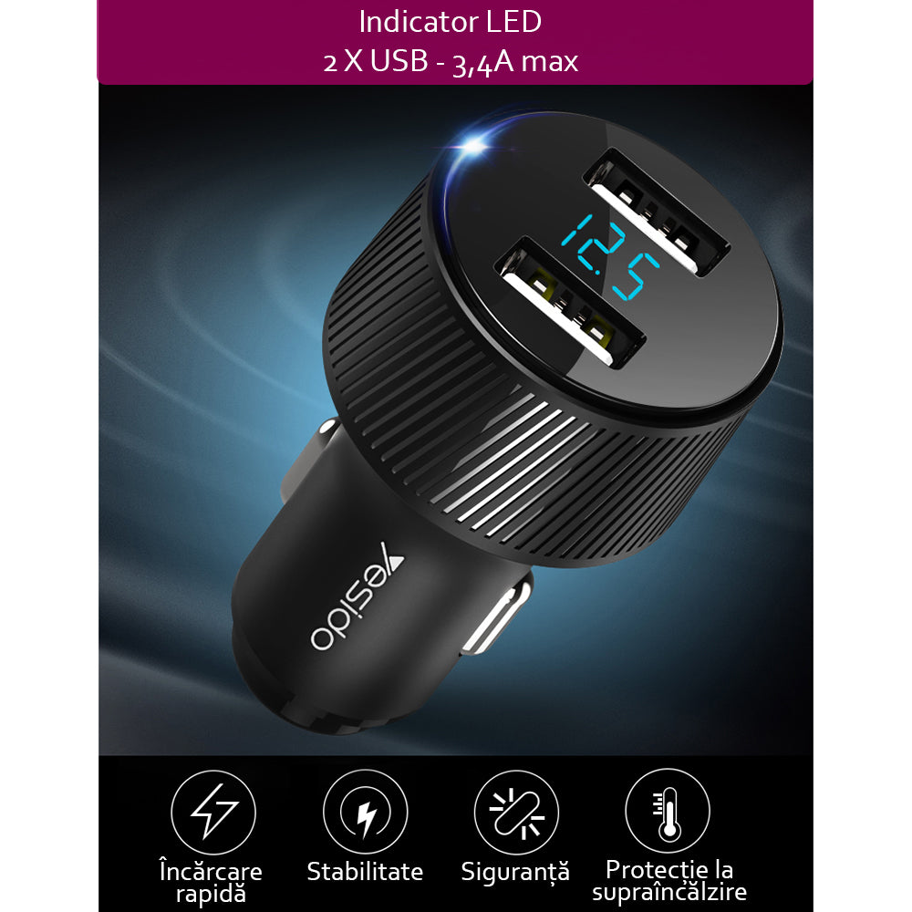 Φορτιστής Αυτοκινήτου Yesido Y31 Display, 18W, 3A, 2 x USB-A, Μαύρο