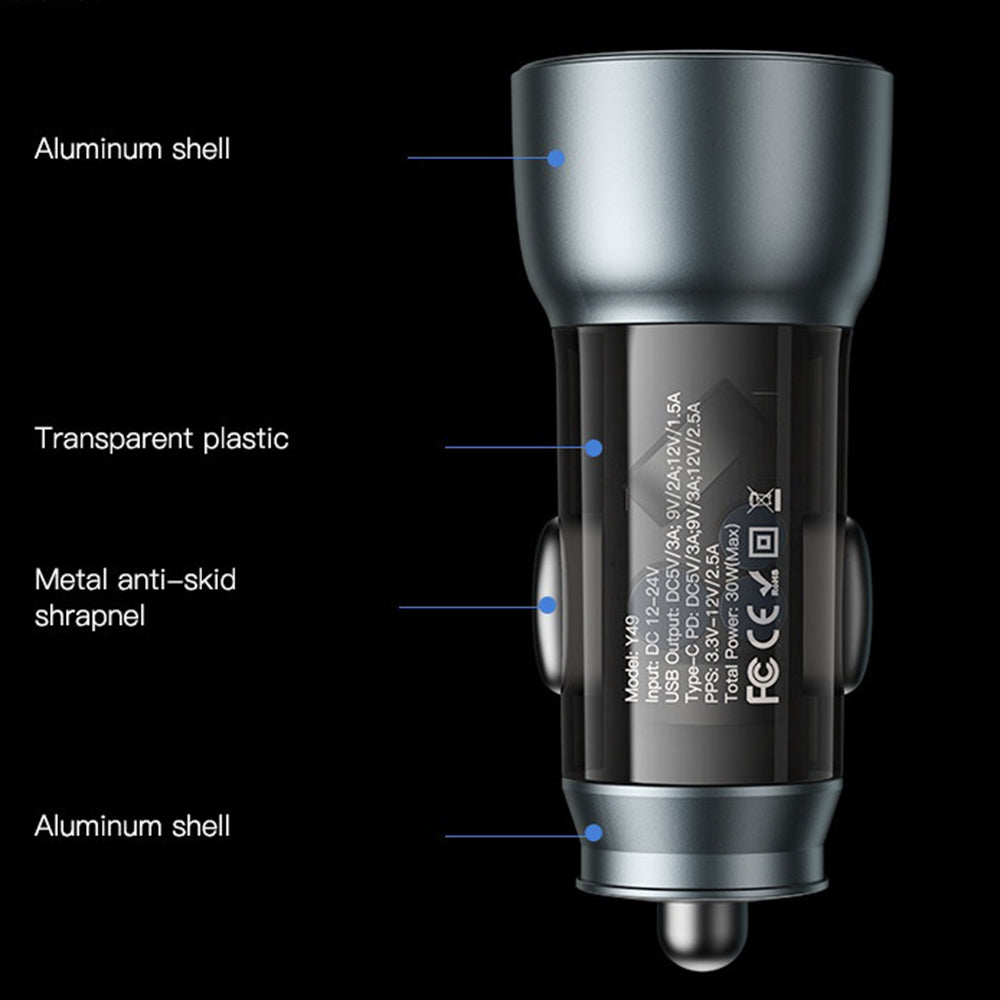 Φορτιστής Αυτοκινήτου Yesido Y49, 30W, 3A, 1 x USB-A - 1 x USB-C, Γκρι
