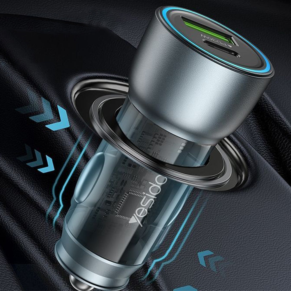 Φορτιστής Αυτοκινήτου Yesido Y49, 30W, 3A, 1 x USB-A - 1 x USB-C, Γκρι