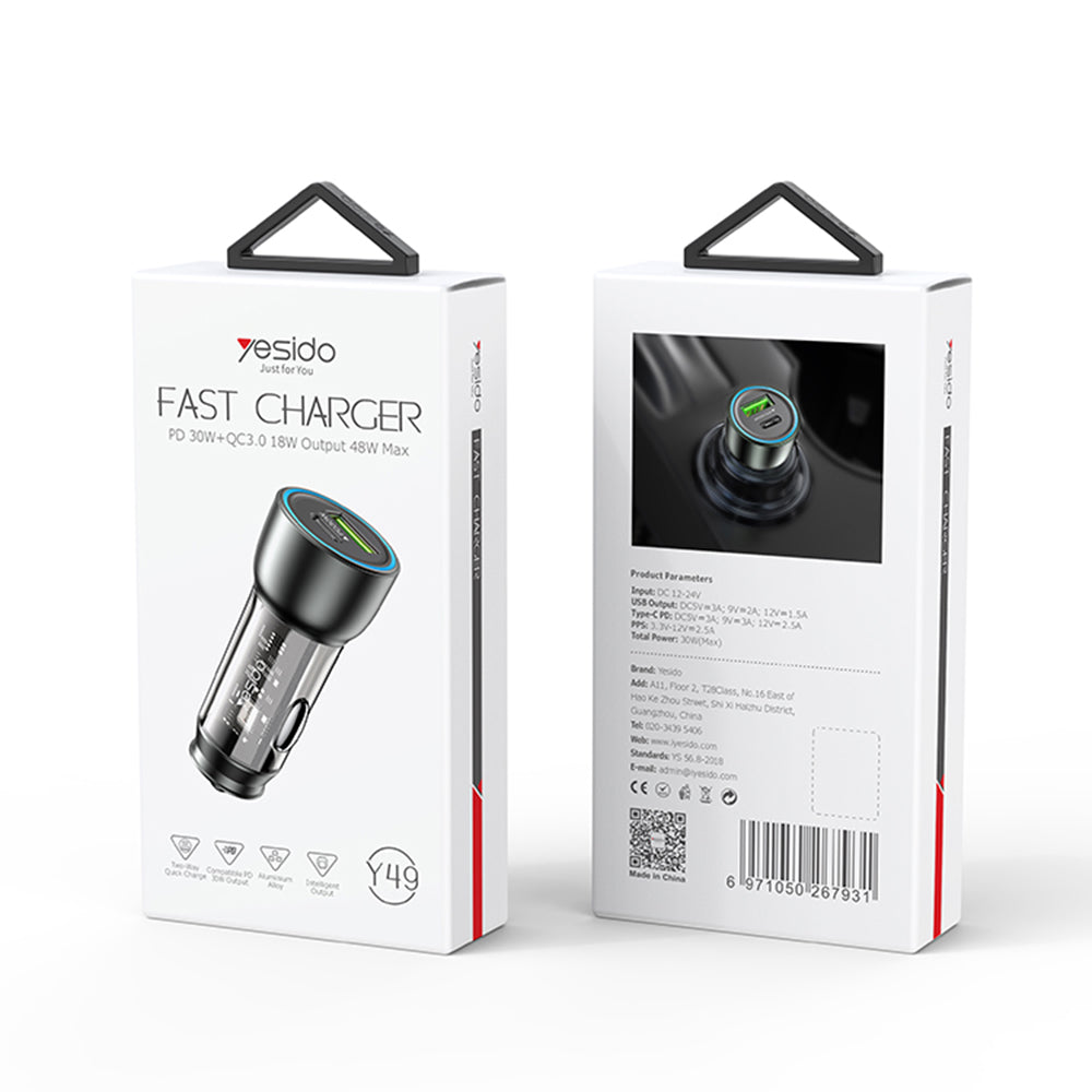 Φορτιστής Αυτοκινήτου Yesido Y49, 30W, 3A, 1 x USB-A - 1 x USB-C, Γκρι