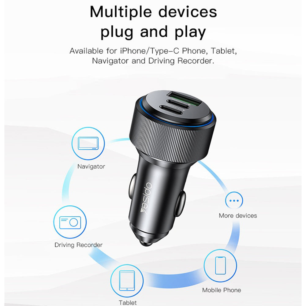 Φορτιστής Αυτοκινήτου Yesido Y50, 60W, 3A, 1 x USB-A - 2 x USB-C, Μαύρο