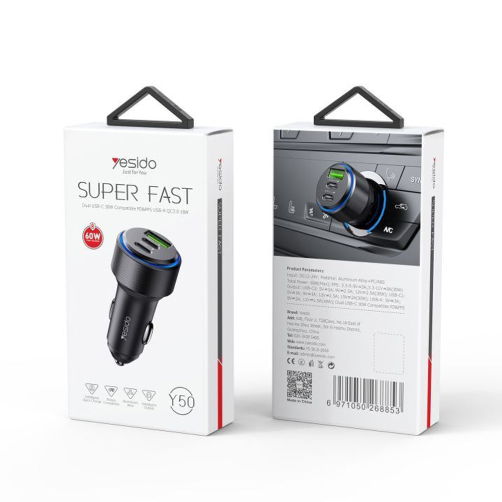 Φορτιστής Αυτοκινήτου Yesido Y50, 60W, 3A, 1 x USB-A - 2 x USB-C, Μαύρο
