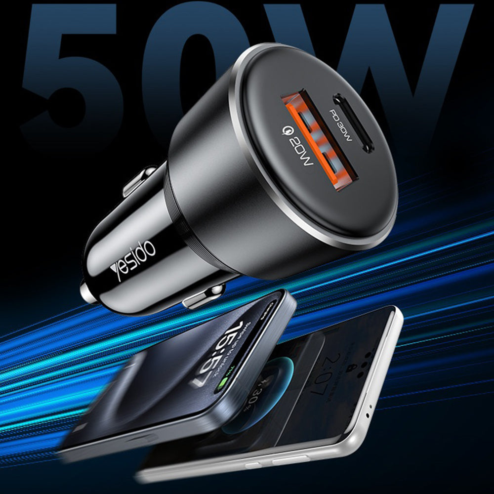 Φορτιστής Αυτοκινήτου Yesido Y64, 50W, 3A, 1 x USB-A - 1 x USB-C, Μαύρο