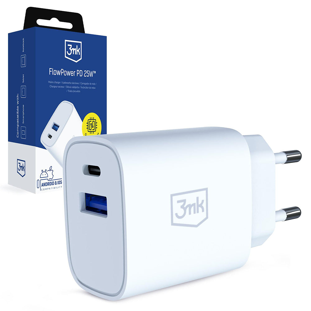 Φορτιστής Δικτύου 3MK FlowPower, 25W, 1 x USB-A - 1 x USB-C, Λευκό