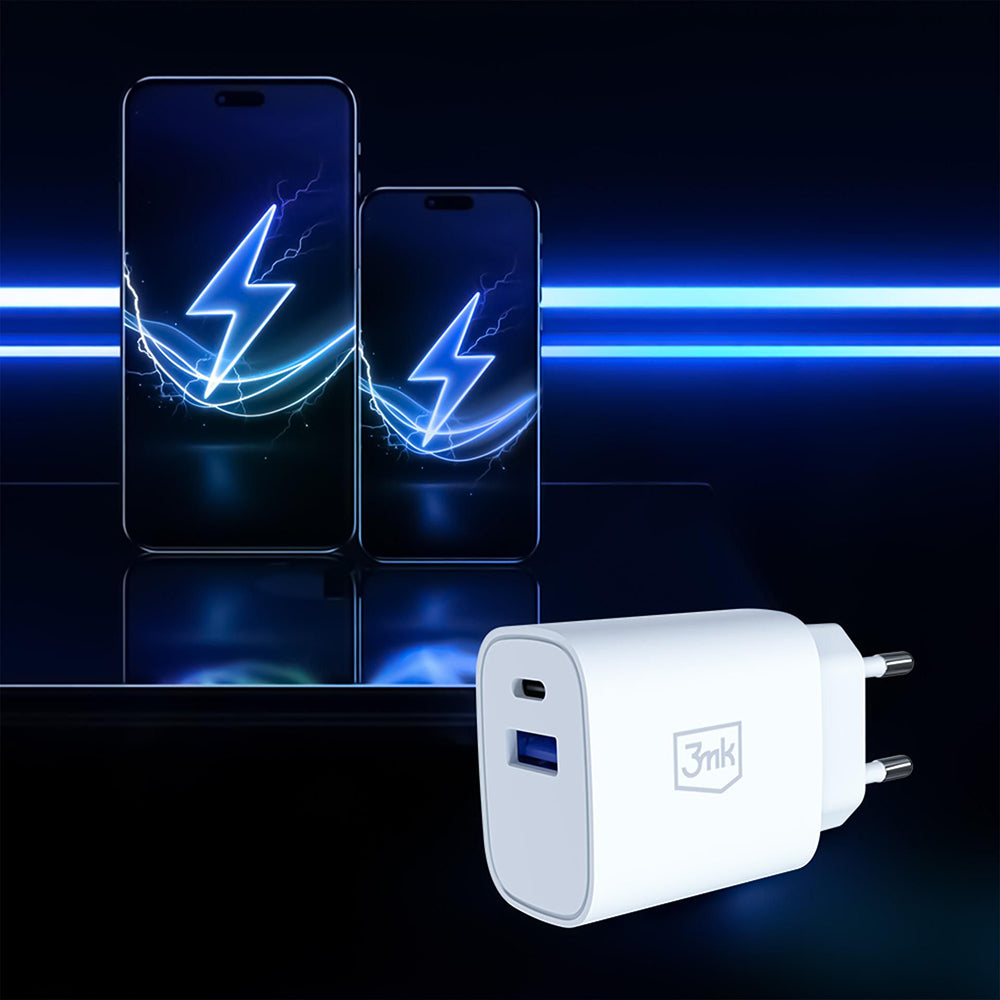 Φορτιστής Δικτύου 3MK FlowPower, 25W, 1 x USB-A - 1 x USB-C, Λευκό