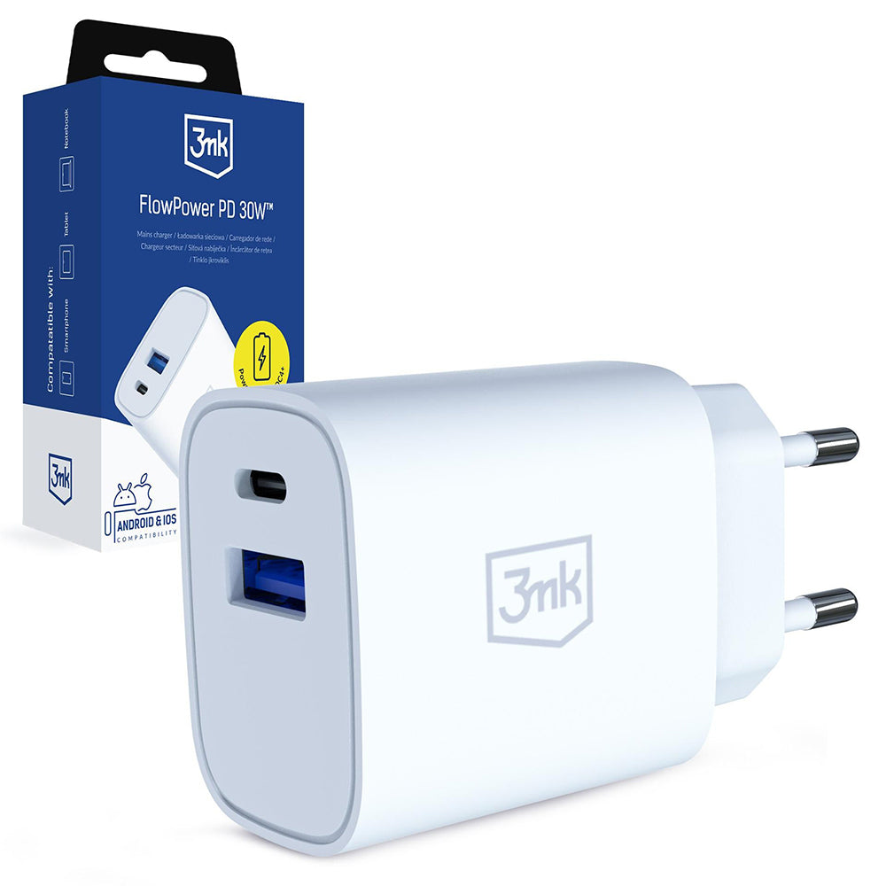 Φορτιστής Δικτύου 3MK FlowPower, 30W, 1 x USB-A - 1 x USB-C, Λευκό