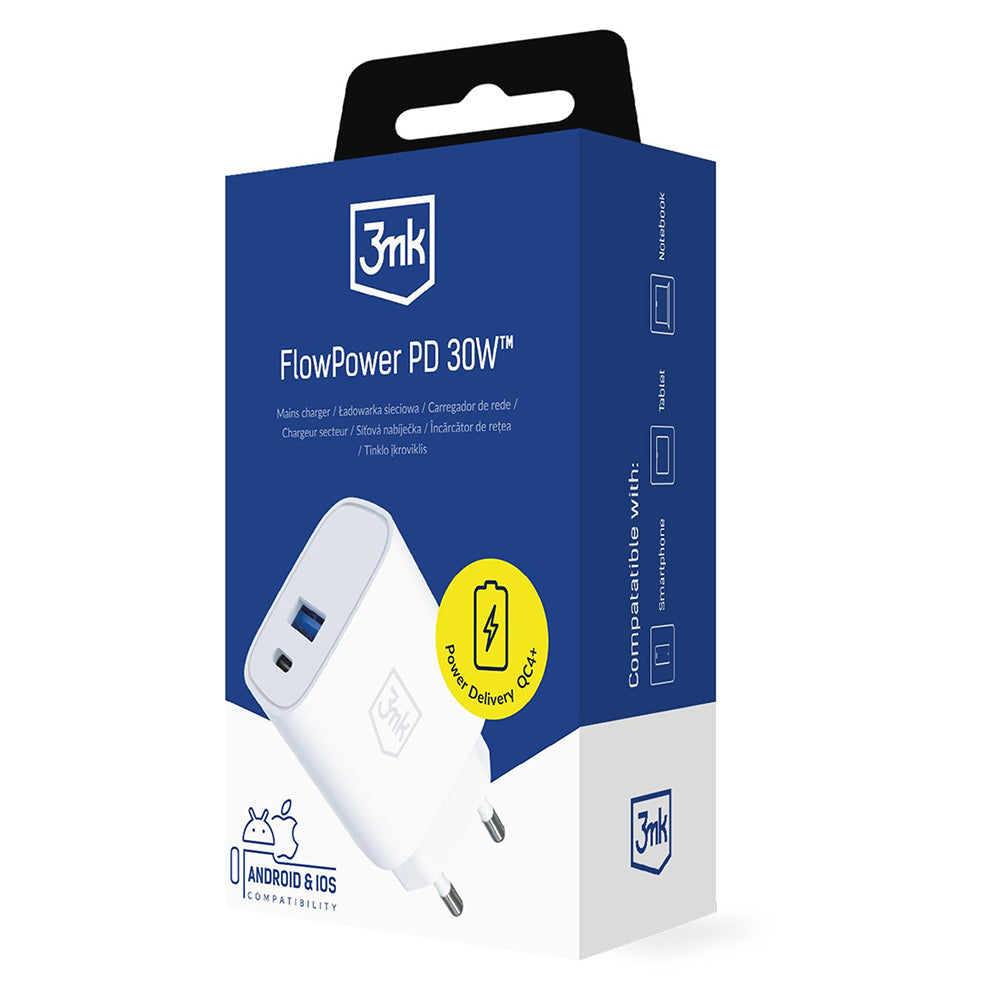 Φορτιστής Δικτύου 3MK FlowPower, 30W, 1 x USB-A - 1 x USB-C, Λευκό