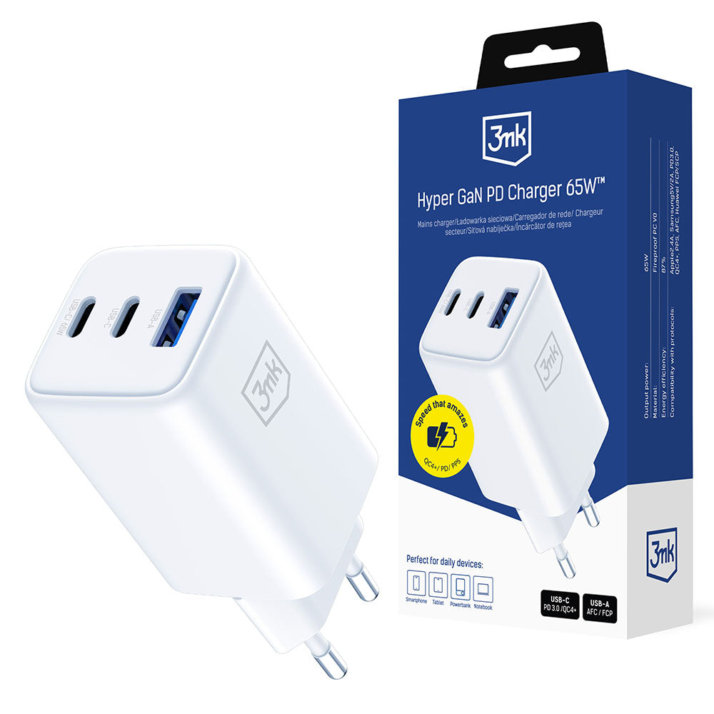Φορτιστής Δικτύου 3MK Hyper, 65W, 3.25A, 1 x USB-A - 2 x USB-C, Λευκό