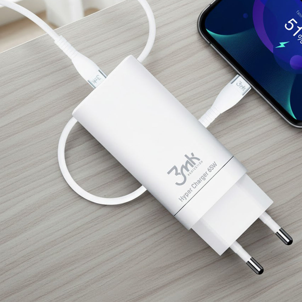 3MK HyperCharger Wall Charger, 65W, 5A, 1 x USB-A - 2 x USB-C, White
