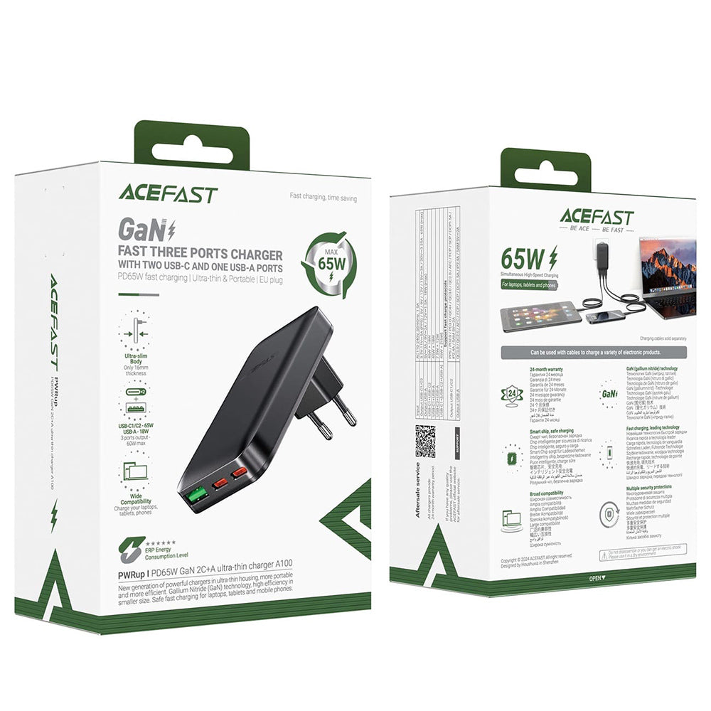 Φορτιστής Δικτύου Acefast A100, 65W, 3.25A, 1 x USB-A - 2 x USB-C, Μαύρο