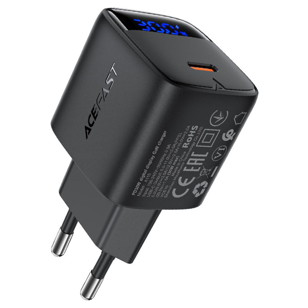 Φορτιστής Δικτύου Acefast A115 Display, 30W, 3A, 1 x USB-C, Μαύρο
