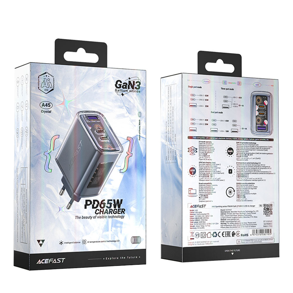 Φορτιστής Δικτύου Acefast A45 Exploration, 65W, 3.25A, 1 x USB-A - 2 x USB-C, Γκρι