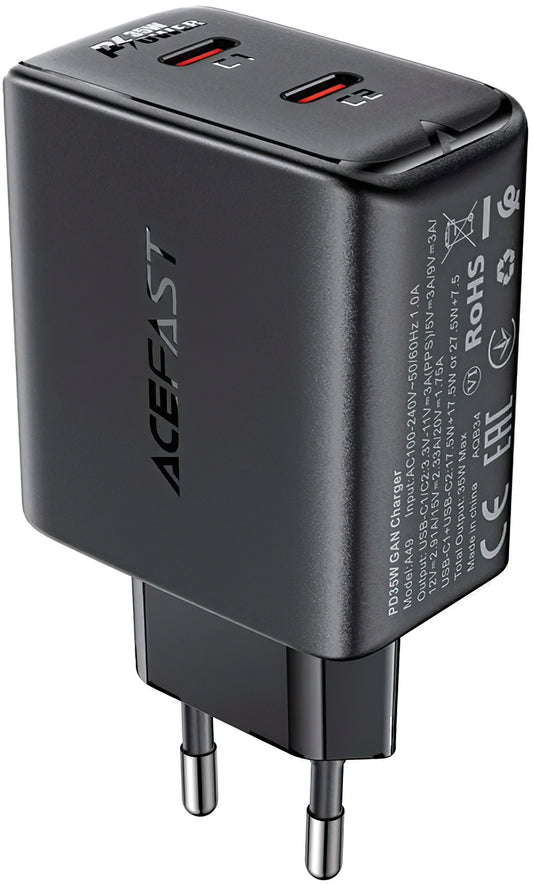 Φορτιστής δικτύου Acefast A49, 35W, 3A, 2 x USB-C, Μαύρο