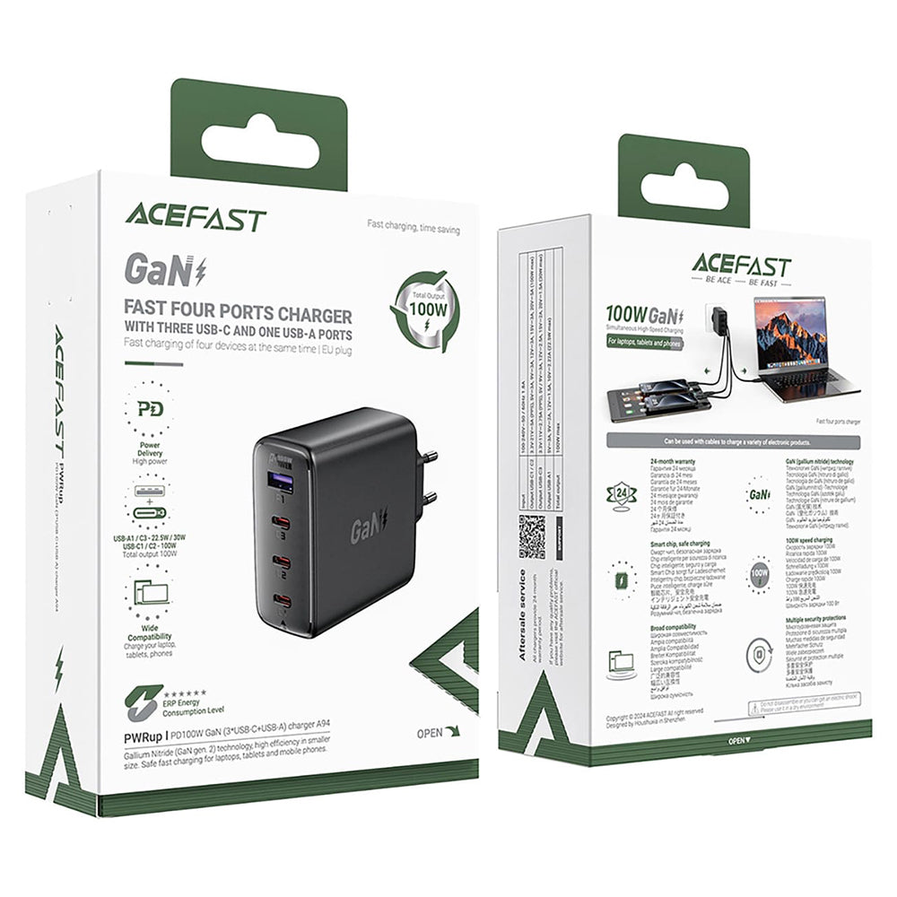 Φορτιστής Δικτύου Acefast A94, 100W, 5A, 1 x USB-A - 3 x USB-C, Μαύρο