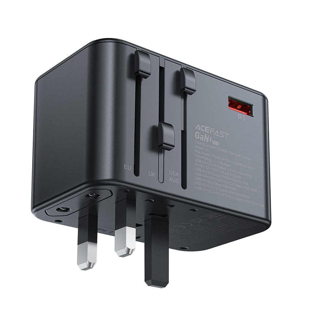 Φορτιστής Δικτύου Acefast Travel Z1, 75W, 3.35A, 2 x USB-A - 3 x USB-C, Μαύρο