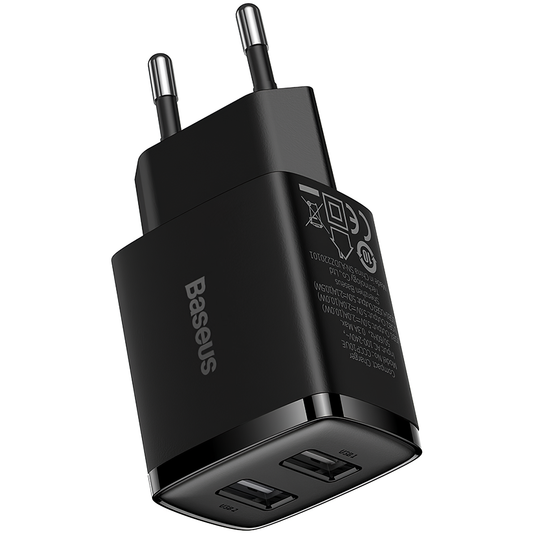Συμπαγής φορτιστής δικτύου Baseus, 10,5W, 2,1A, 2 x USB-A, μαύρο CCXJ010201