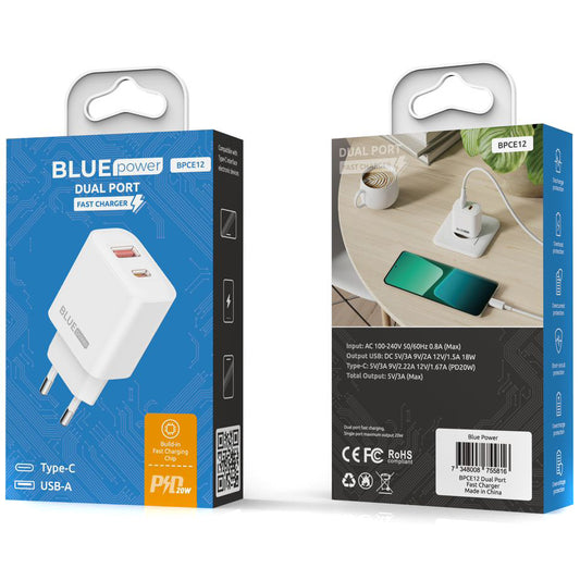 Φορτιστής δικτύου Blue Power BPCE12, 20W, 3A, 1 x USB-A - 1 x USB-C, Λευκό
