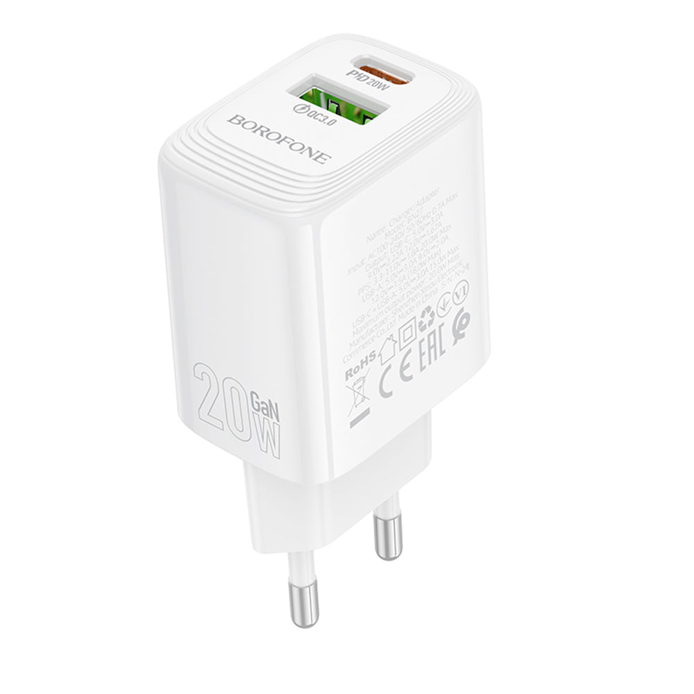 Φορτιστής Δικτύου Borofone BN27 Fuente, 20W, 3A, 1 x USB-A - 1 x USB-C, Λευκό