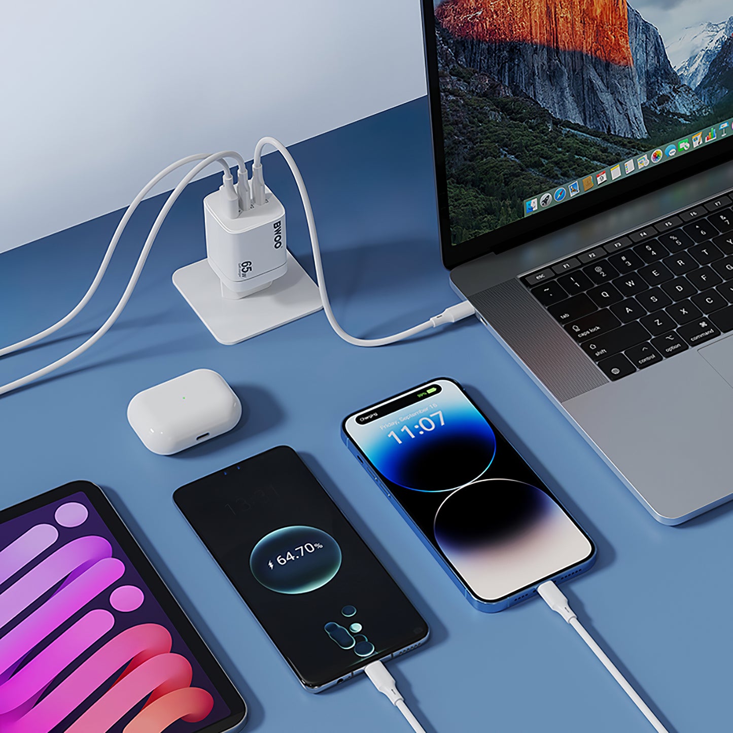 Φορτιστής Δικτύου BWOO CDA147, 65W, 4.5A, 1 x USB-A - 2 x USB-C, Λευκό