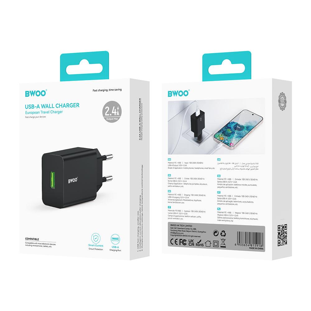 Φορτιστής Δικτύου BWOO CDA249, 12W, 2.4A, 1 x USB-A, Μαύρο