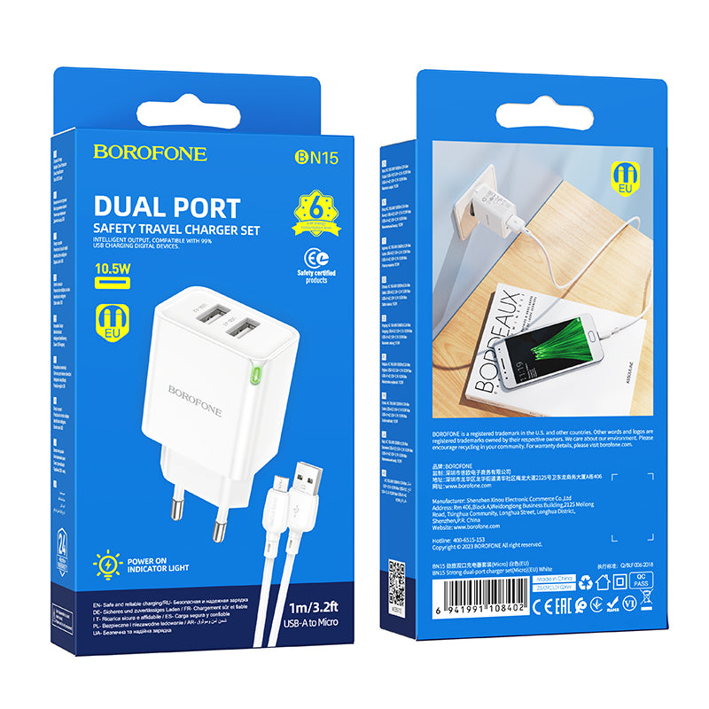 Φορτιστής δικτύου με καλώδιο microUSB Borofone BN15 Strong, 10.5W, 2.1A, 2 x USB-A, Λευκό