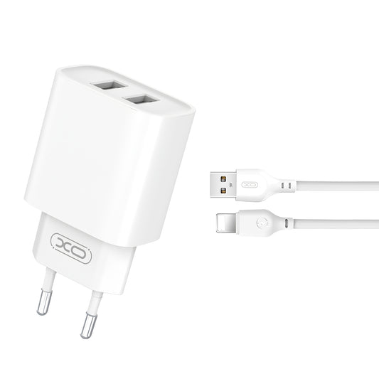 Φορτιστής δικτύου με καλώδιο Lightning XO Design CE02C, 10.5W, 2.1A, 2 x USB-A, Λευκό