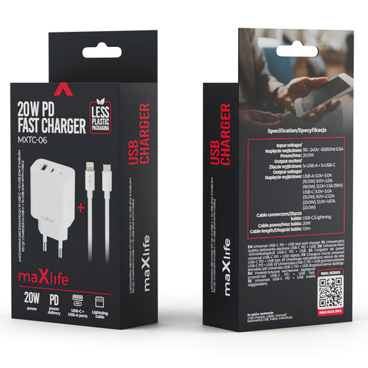 MaXlife MXTC-06-20AC Φορτιστής δικτύου MaXlife MXTC-06-20AC με καλώδιο Lightning, 20W, 3A, 1 x USB-A - 1 x USB-C, Λευκό