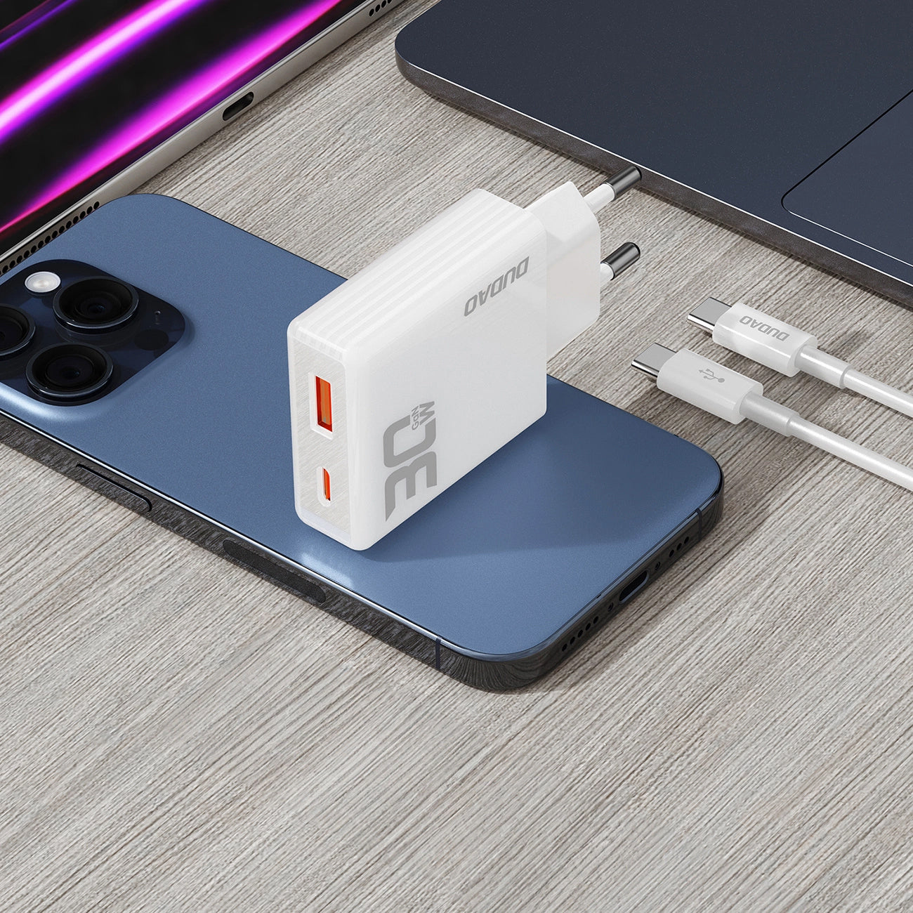 Dudao A30EUT Φορτιστής δικτύου με καλώδιο USB-C, 30W, 3A, 1 x USB-A - 1 x USB-C, Λευκό