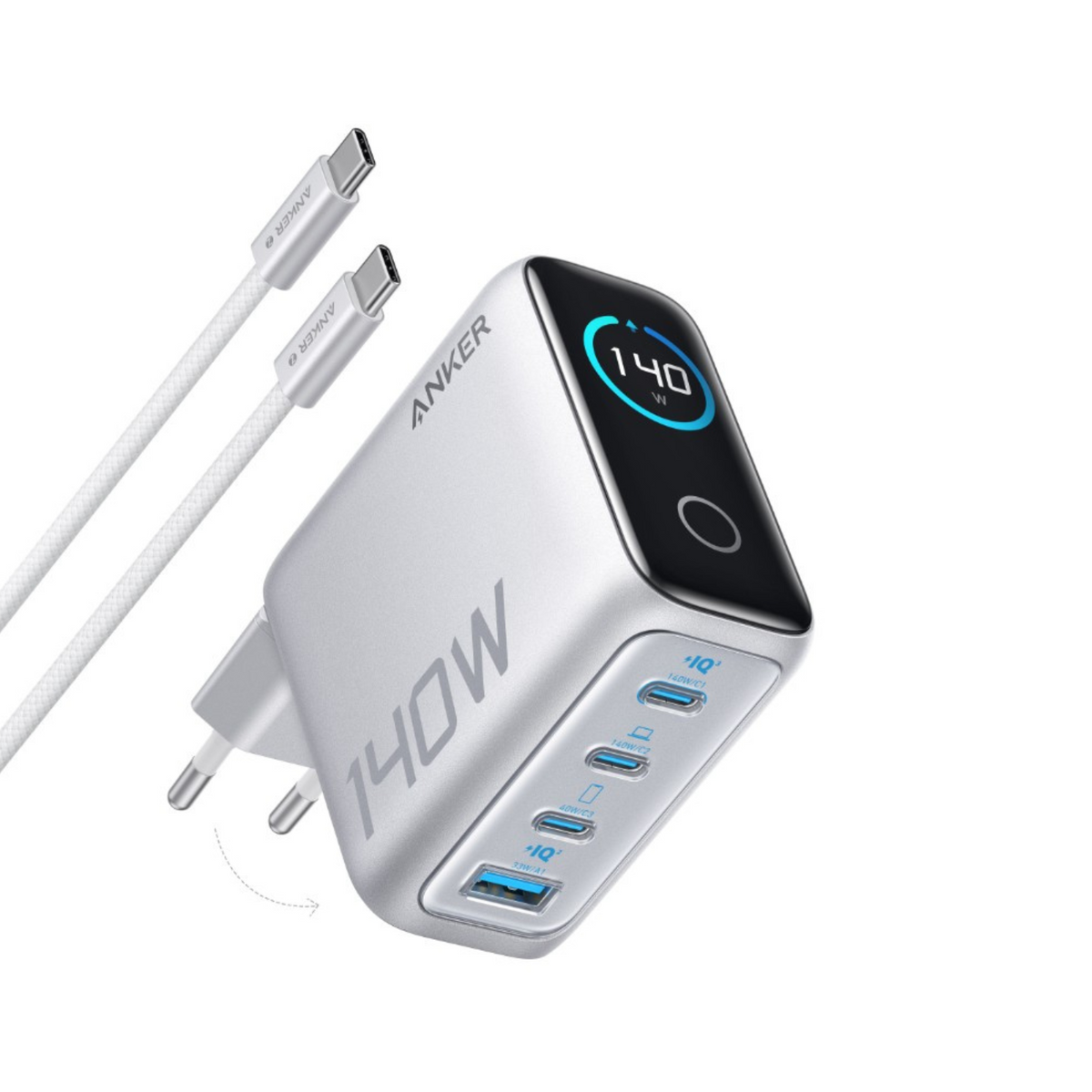 Φορτιστής Δικτύου με Καλώδιο USB-C Anker Zolo, 140W, 5A, 1 x USB-A - 3 x USB-C, Ασημί B2697G41