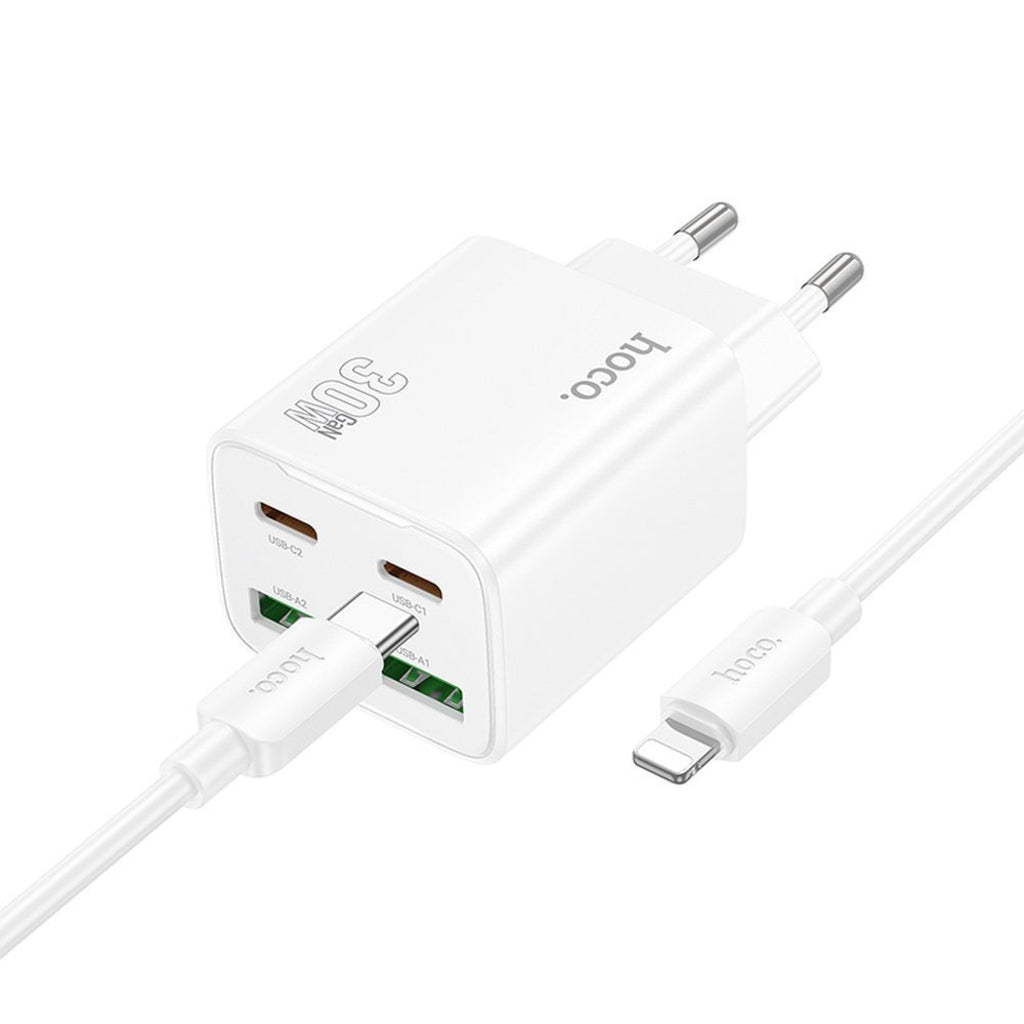Φορτιστής Δικτύου με Καλώδιο Lightning HOCO N56, 30W, 3A, 2 x USB-A - 2 x USB-C, Λευκό