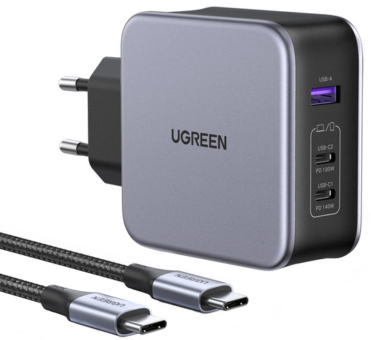 Φορτιστής Δικτύου με Καλώδιο USB-C UGREEN CD289, 140W, 5A, 1 x USB-A - 2 x USB-C, Γκρι