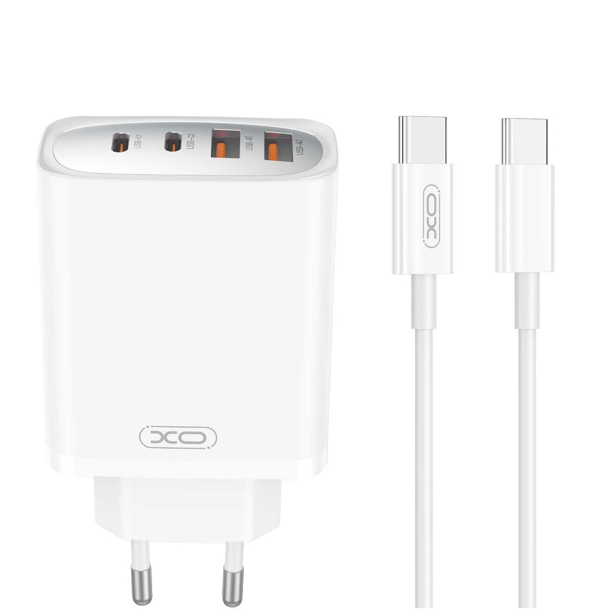 Φορτιστής Δικτύου με Καλώδιο USB-C XO Design CE22, 45W, 3A, 2 x USB-A - 2 x USB-C, Λευκό