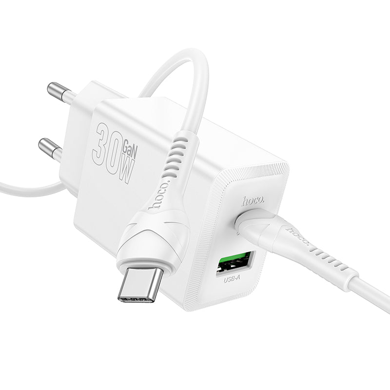 Φορτιστής Δικτύου με Καλώδιο USB-C HOCO N71, 30W, 3A, 1 x USB-A - 1 x USB-C, Λευκό