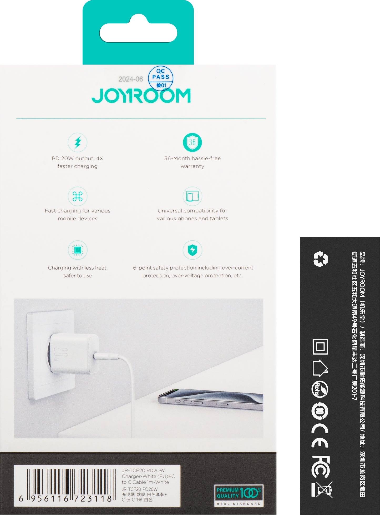 Φορτιστής Δικτύου με Καλώδιο USB-C Joyroom JR-TCF20, 20W, 3A, 1 x USB-C, Λευκό