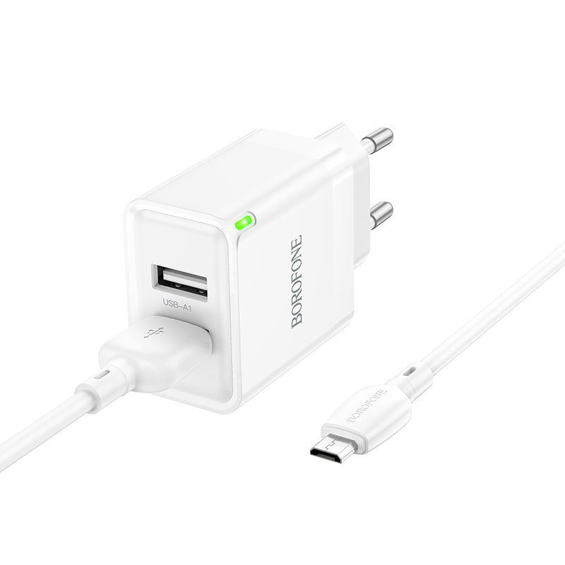 Φορτιστής δικτύου με καλώδιο microUSB Borofone BN15 Strong, 10.5W, 2.1A, 2 x USB-A, Λευκό