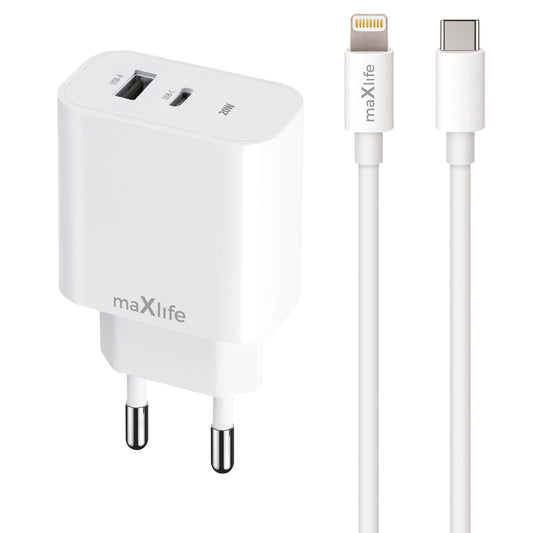 MaXlife MXTC-06-20AC Φορτιστής δικτύου MaXlife MXTC-06-20AC με καλώδιο Lightning, 20W, 3A, 1 x USB-A - 1 x USB-C, Λευκό