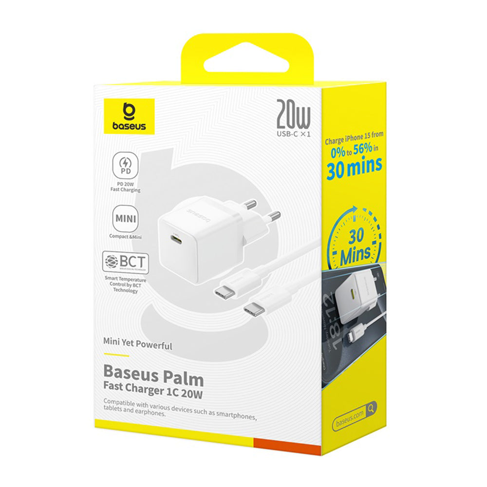 Φορτιστής Δικτύου με Καλώδιο USB-C Baseus Palm, 20W, 3A, 1 x USB-C, Λευκό P10111602213-01