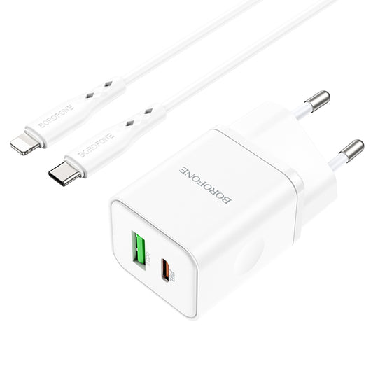Φορτιστής Δικτύου με Καλώδιο Lightning Borofone BN7, 20W, 3A, 1 x USB-A - 1 x USB-C, Λευκό